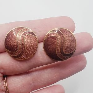 Vintage Cloisonne enamel gold earrings 80's mauve wine burgundy SITI stamped euc